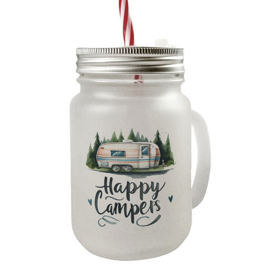 Happy Campers Wohnwagen Mason Jar Henkel Trinkglas mit Deckel