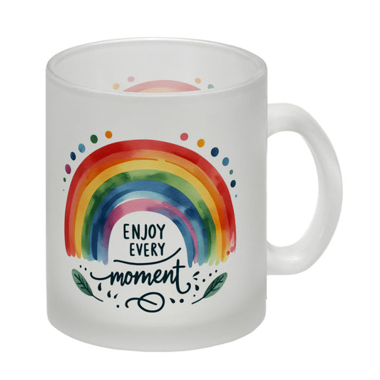 Regenbogen Glas Tasse mit Spruch Enjoy every moment