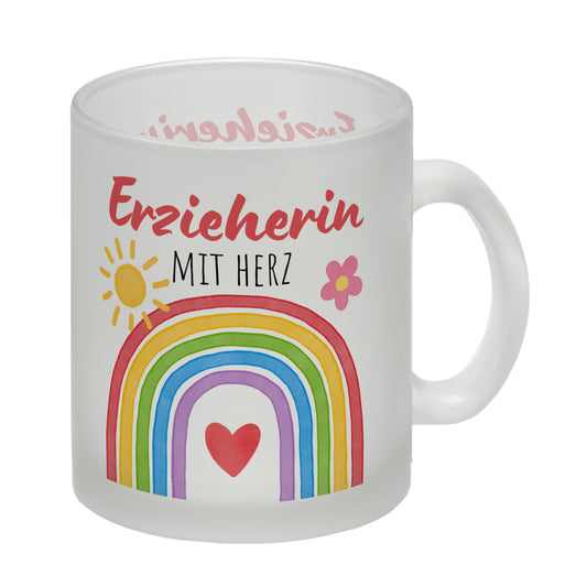 Regenbogen Glas Tasse mit Spruch Erzieherin mit Herz