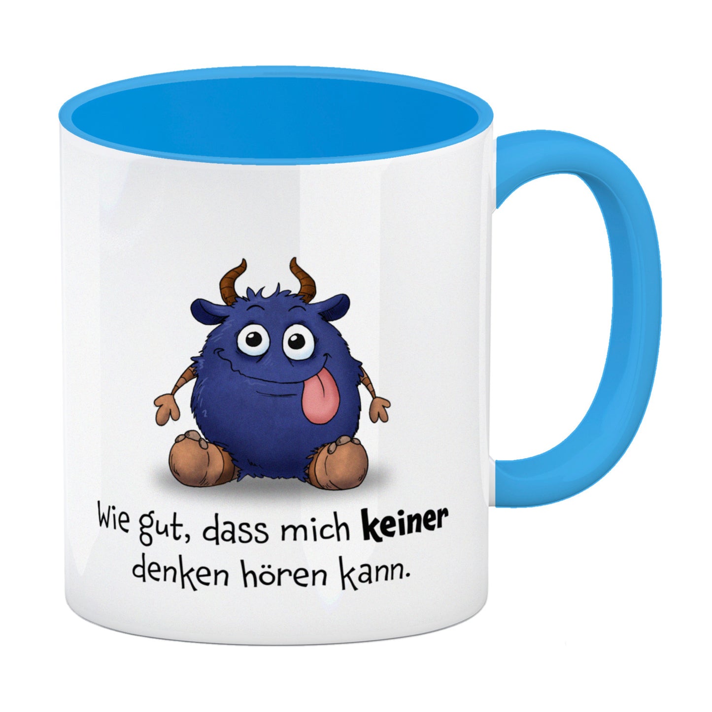 Freches Monster in dunkelblau Kaffeebecher in hellblau mit lustigem Spruch