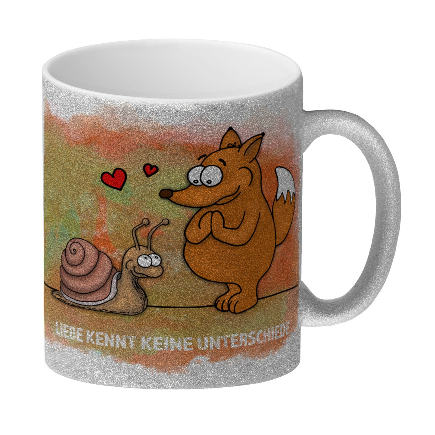 Liebe kennt keine Unterschiede Glitzer-Glitzer-Kaffeebecher mit Fuchs und Schnecke Motiv