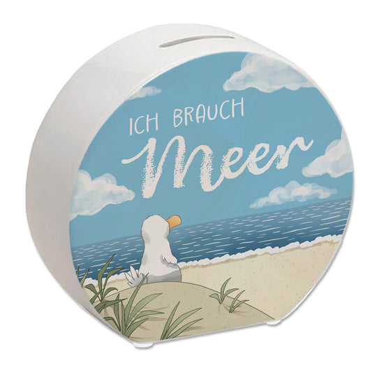 Möwe am Strand Spardose mit Spruch Ich brauch Meer