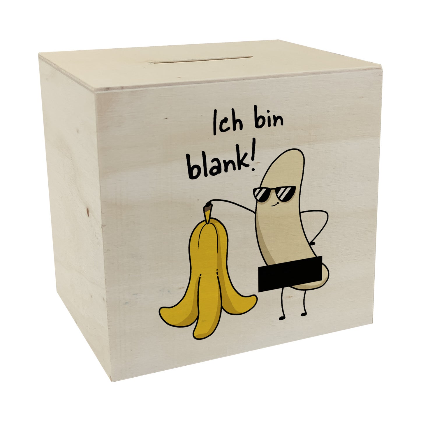 Nackte Banane Spardose aus Holz mit Spruch Ich bin blank