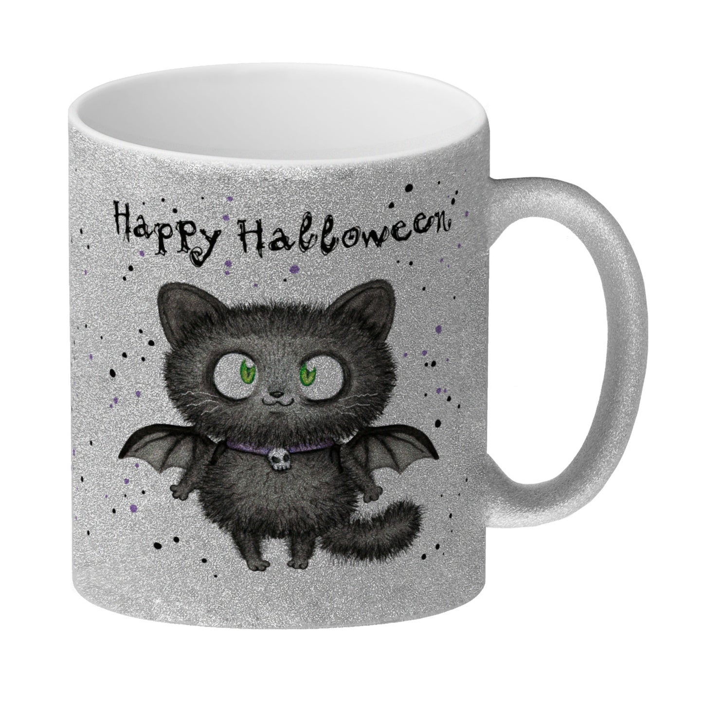 Happy Halloween Glitzer-Kaffeebecher mit schwarzer Fledermaus-Katze