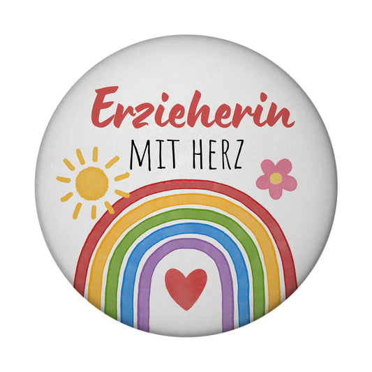 Regenbogen Magnet rund mit Spruch Erzieherin mit Herz