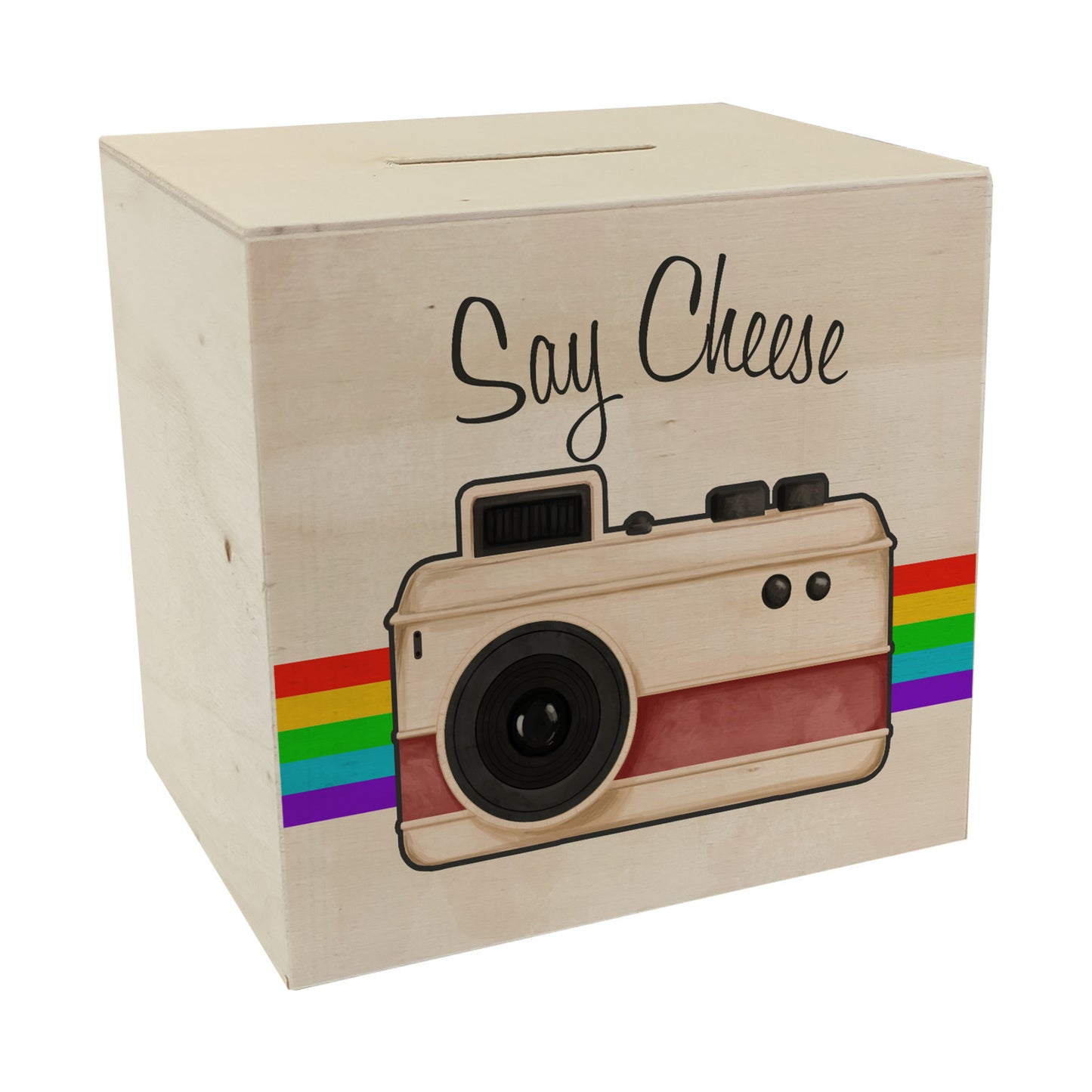 Say Cheese Spardose aus Holz mit Retro Kameramotiv