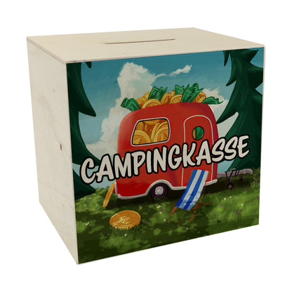 Spardose aus Holz mit Camper Motiv und Text - Wohnwagen im Wald Campingkasse