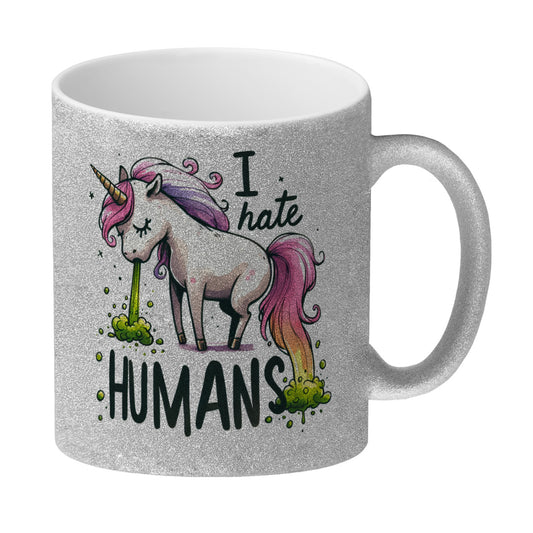 Kotzendes Einhorn Glitzer-Kaffeebecher mit Spruch I hate Humans