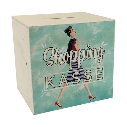 Spardose aus Holz mit Diva Motiv vor blauem Hintergrund - Shopping Kasse