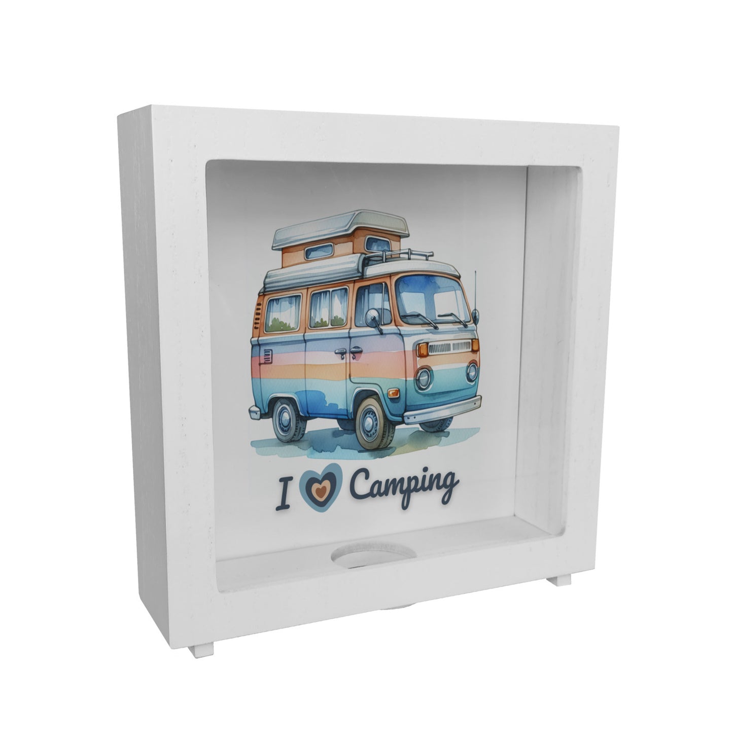 Campervan Rahmen Spardose aus Holz mit Spruch I love Camping