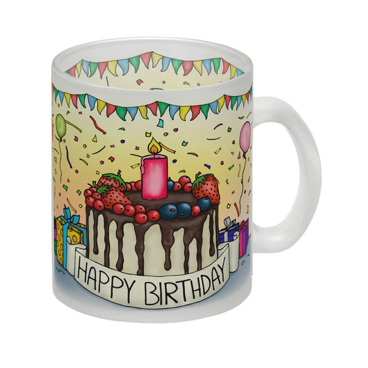 Happy Birthday Glas Tasse mit Geburtstagstorte Motiv