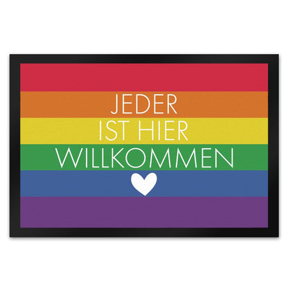 Jeder ist hier willkommen Fußmatte XL in 40x60 cm mit Regenbogenfahne