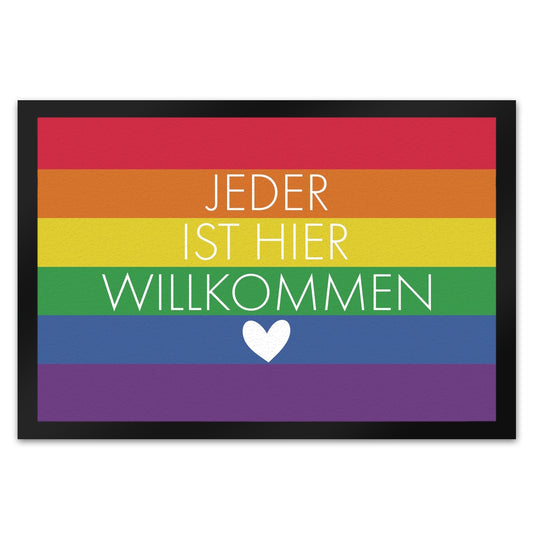 Jeder ist hier willkommen Fußmatte XL in 40x60 cm mit Regenbogenfahne