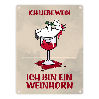 Metallschild in 15x20 cm mit Motiv und Spruch - Ich liebe Wein ich bin ein Weinhorn