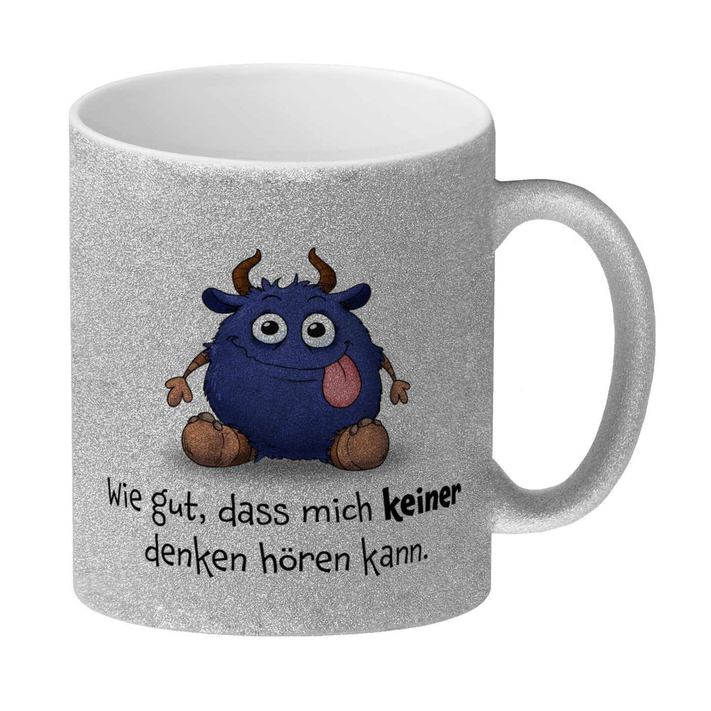 Freches Monster in dunkelblau Glitzer-Kaffeebecher mit lustigem Spruch