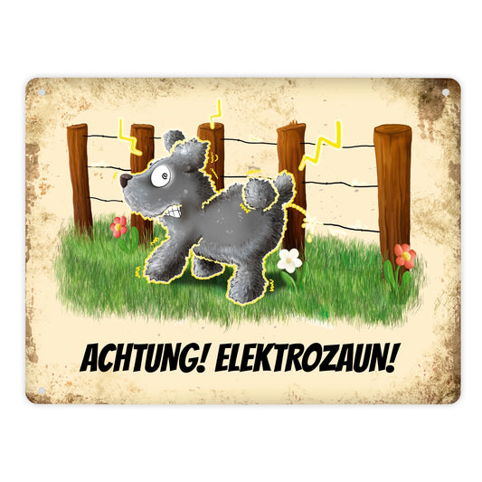 Metallschild XL mit elektrisierendem Motiv und Spruch: Achtung! Elektrozaun!