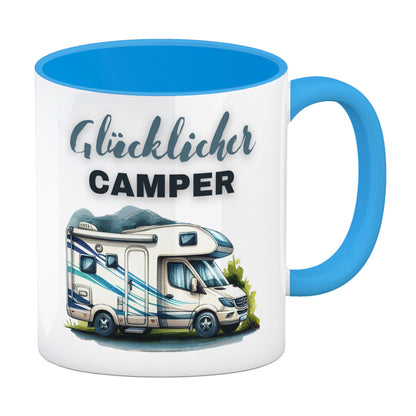 Wohnmobil Kaffeebecher in hellblau mit Spruch Glücklicher Camper