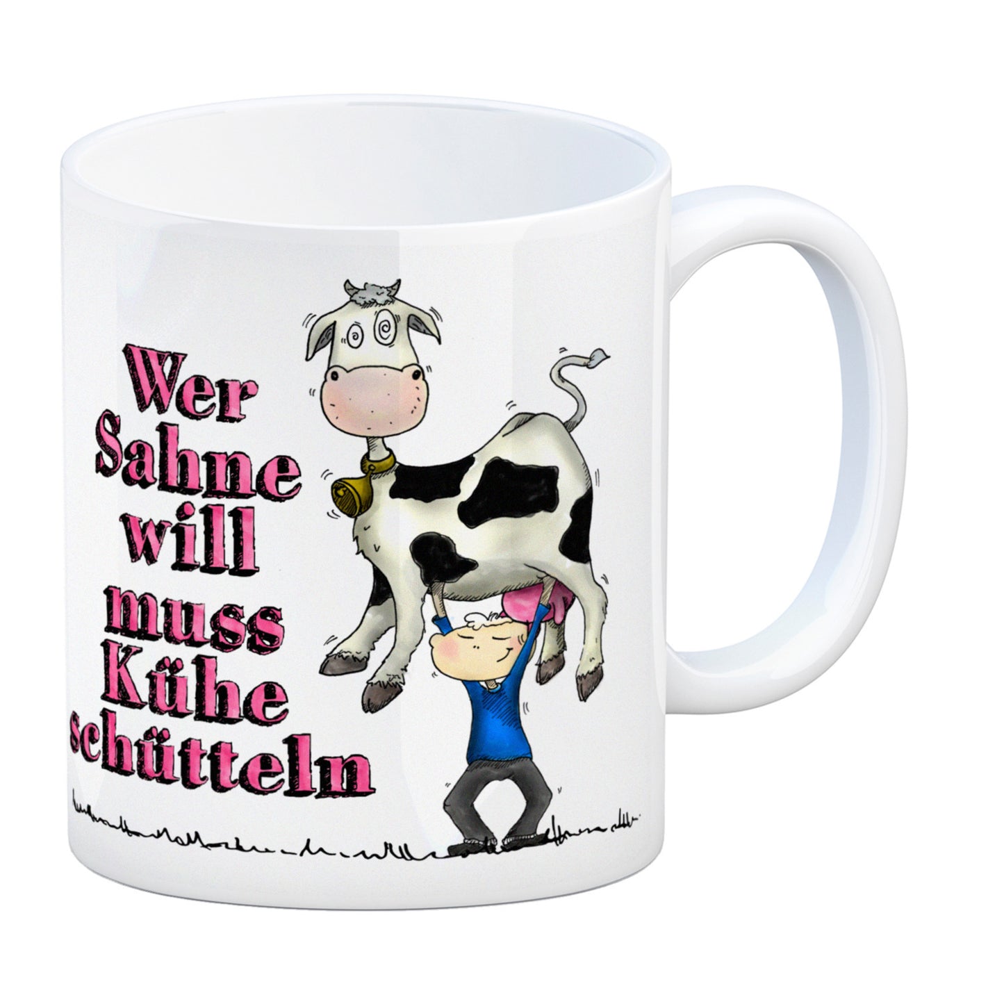 Kaffeebecher mit geschüttelte Kuh Motiv und Spruch: Wer Sahne will muss Kühe schütteln