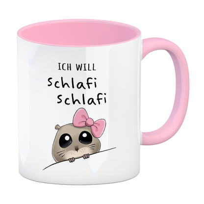 Meme Hamster Kaffeebecher in rosa mit Spruch Ich will Schlafi Schlafi