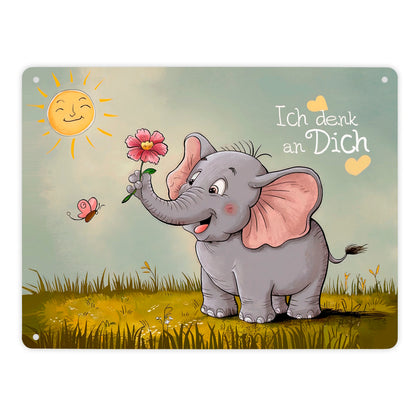 Cartoon-Elefant mit Blume - Metallschild XL in 21x28 cm - Ich denk an dich