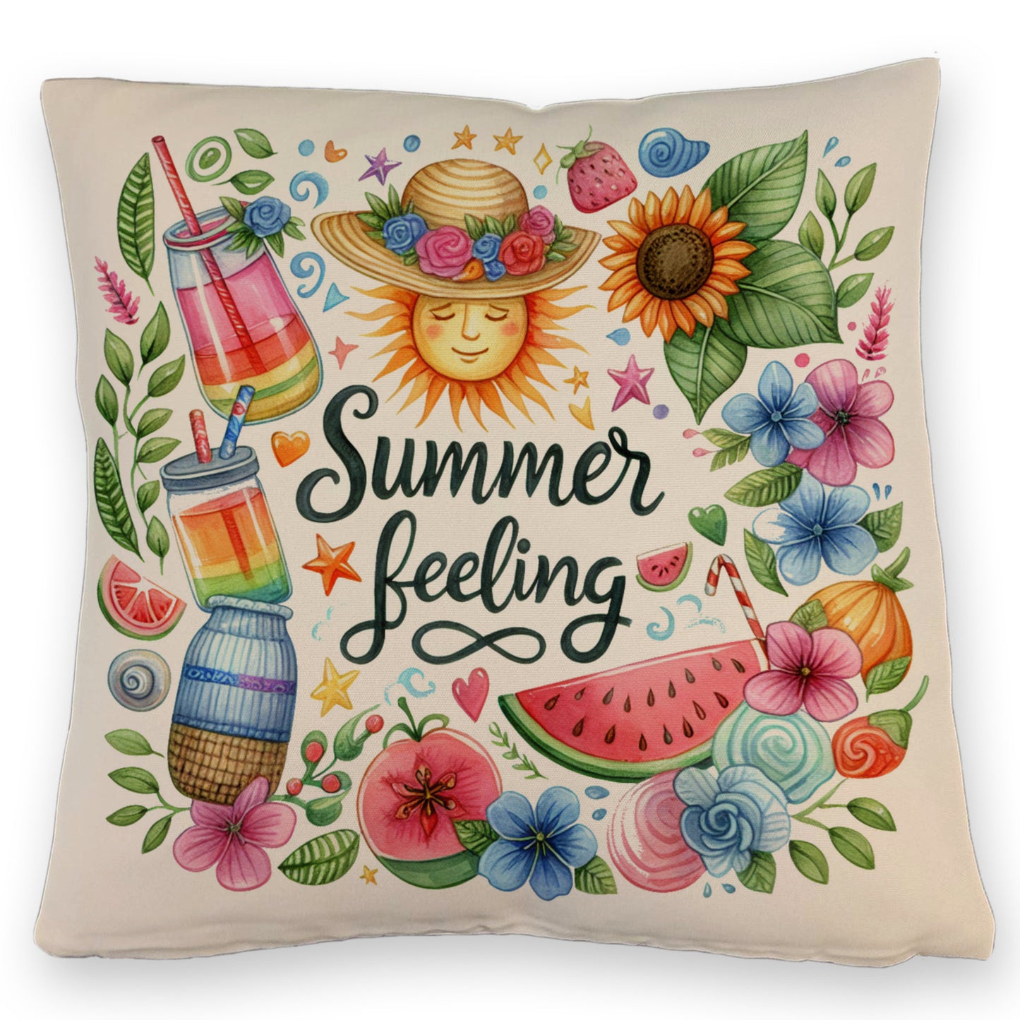 Sonne und Sommer Kissen mit Leinenoptik mit Spruch Summer feeling