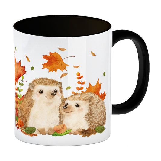 Igel im Herbst Kaffeebecher in schwarz im Aquarell Stil