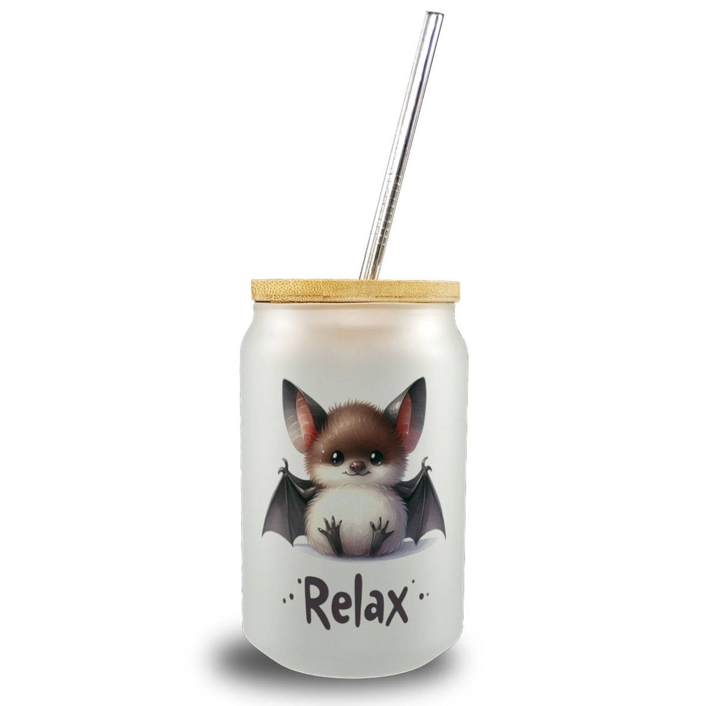 Baby Fledermaus Trinkglas mit Bambusdeckel mit Spruch Relax