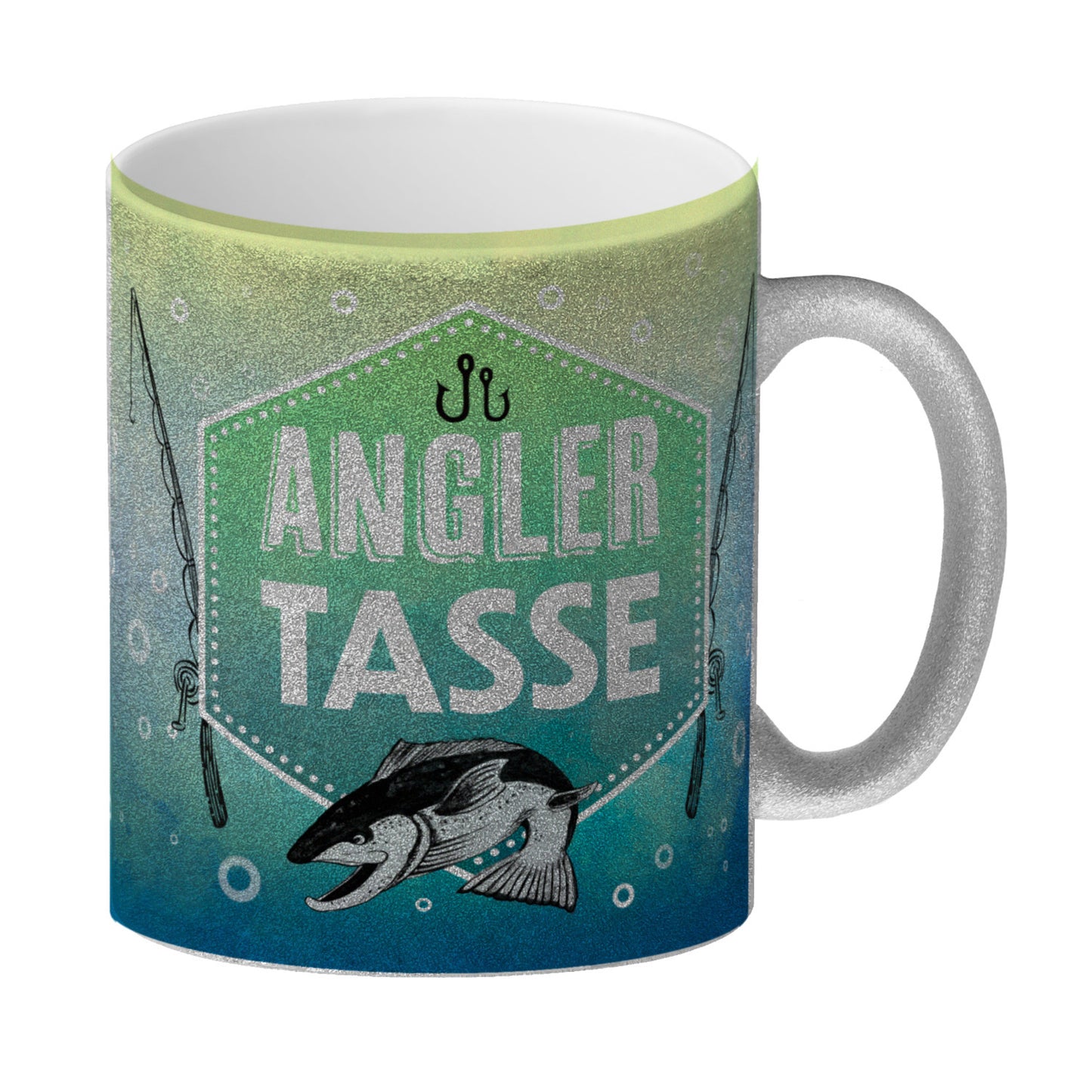 Angler Becher Glitzer-Glitzer-Kaffeebecher mit Fisch und Angel Motiv