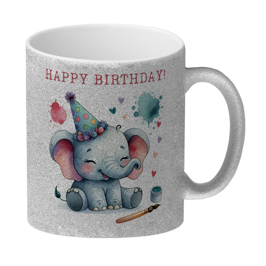 Happy Birthday Elefant Glitzer-Kaffeebecher