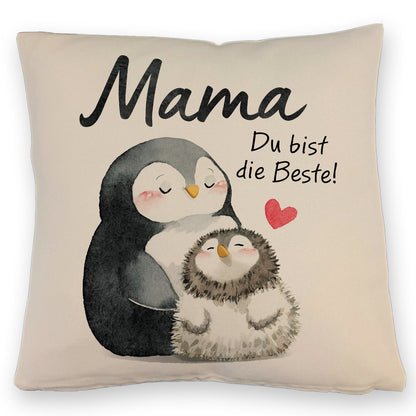 Pinguin Mutter und Kind Kissen mit Leinenoptik mit Spruch Mama du bist die Beste