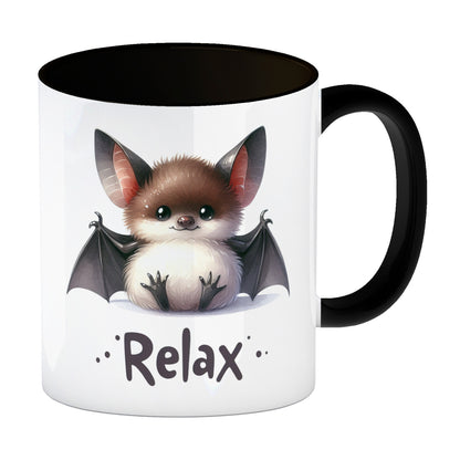 Baby Fledermaus Kaffeebecher in schwarz mit Spruch Relax