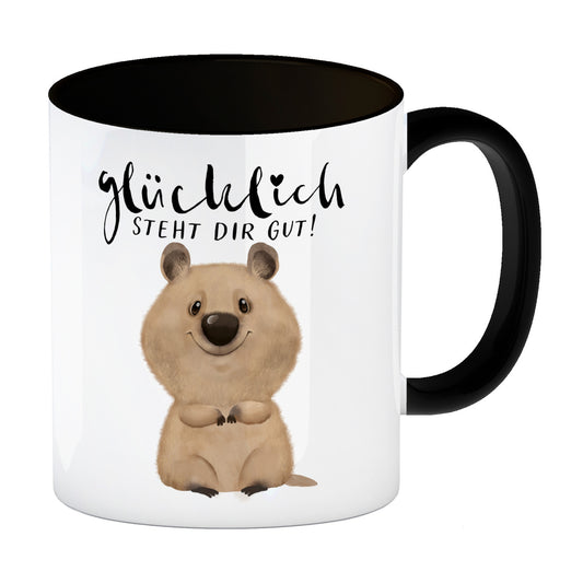 Quokka Kaffeebecher in schwarz mit Spruch Glücklich steht dir gut