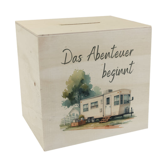 Abenteuer Wohnwagen Spardose aus Holz mit Spruch Das Abenteuer beginnt