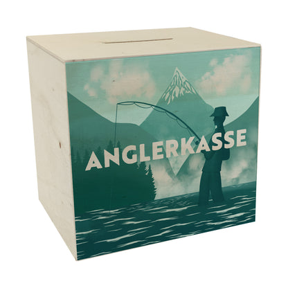 Anglerkasse Spardose aus Holz mit Anglermotiv für Angler