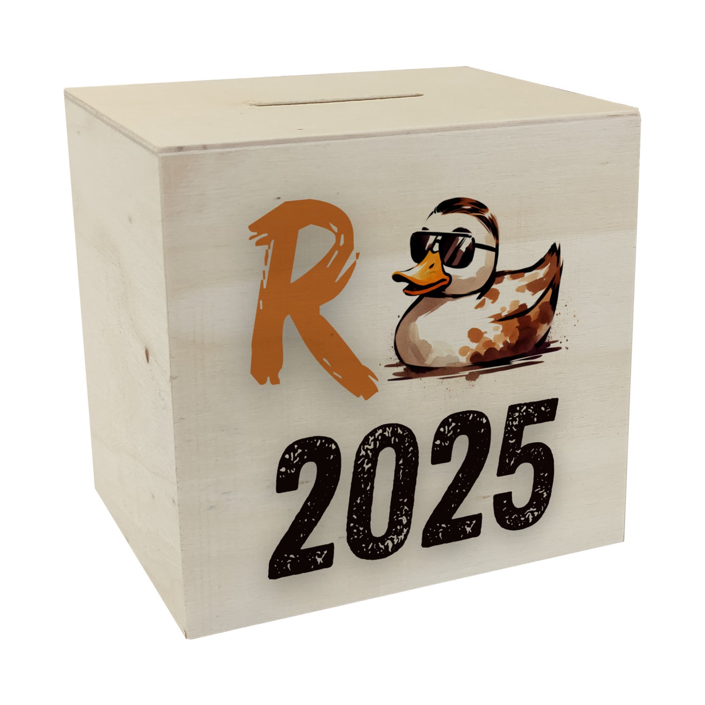 Ente mit Sonnenbrille Spardose aus Holz mit Spruch Rente 2025