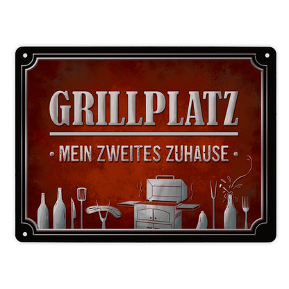 Metallschild XL mit Grill Motiv und Spruch: Grillplatz - mein zweites Zuhause