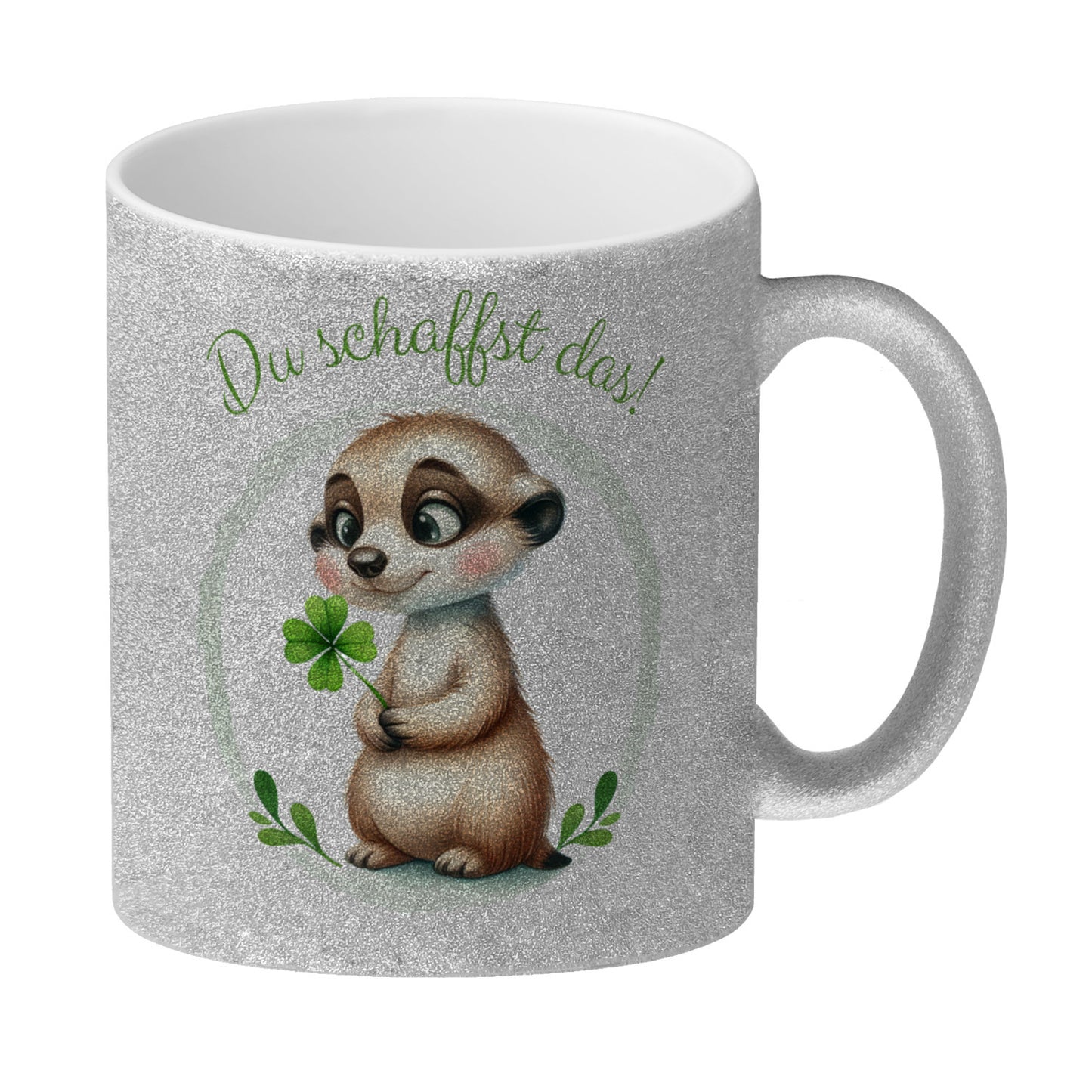 Erdmännchen mit Kleeblatt Glitzer-Kaffeebecher mit Spruch Du schaffst das