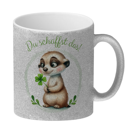 Erdmännchen mit Kleeblatt Glitzer-Kaffeebecher mit Spruch Du schaffst das