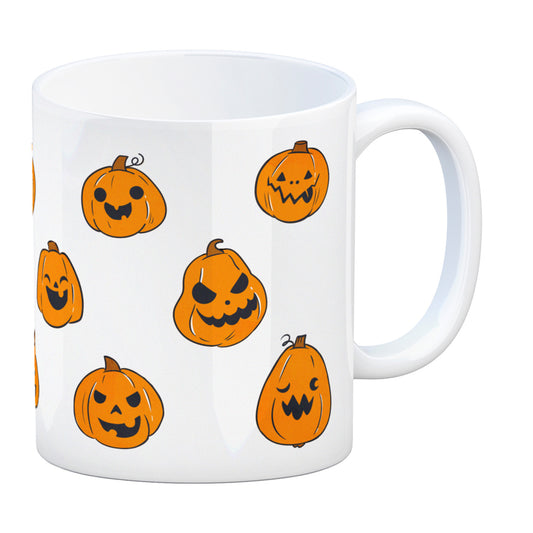 Kaffeebecher im Halloween Design - mit vielen lustigen geschnitzten Kürbisköpfen