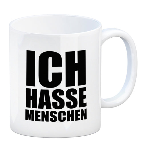 Kaffeebecher mit Mittelfinger Motiv und Spruch: Ich hasse Menschen