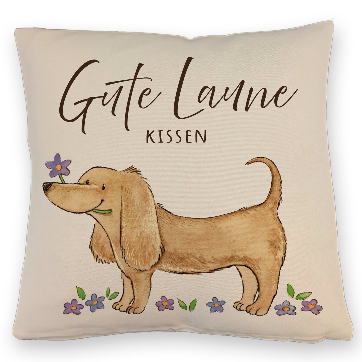 Dackel mit Blume Kissen mit Leinenoptik mit Spruch Gute Laune Kissen mit Leinenoptik