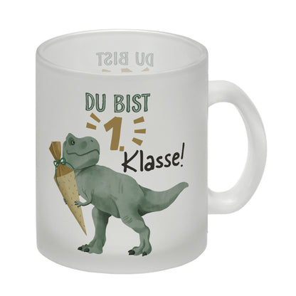 Dino mit Schultüte Glas Tasse mit Spruch Du bist 1. Klasse!