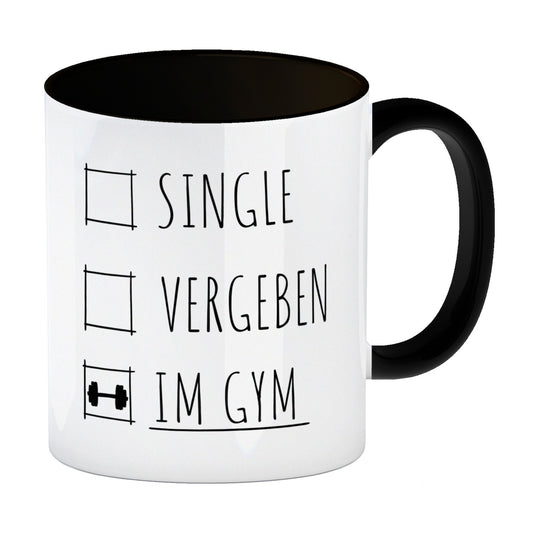 Single, vergeben oder im Gym Fitness Kaffeebecher Schwarz