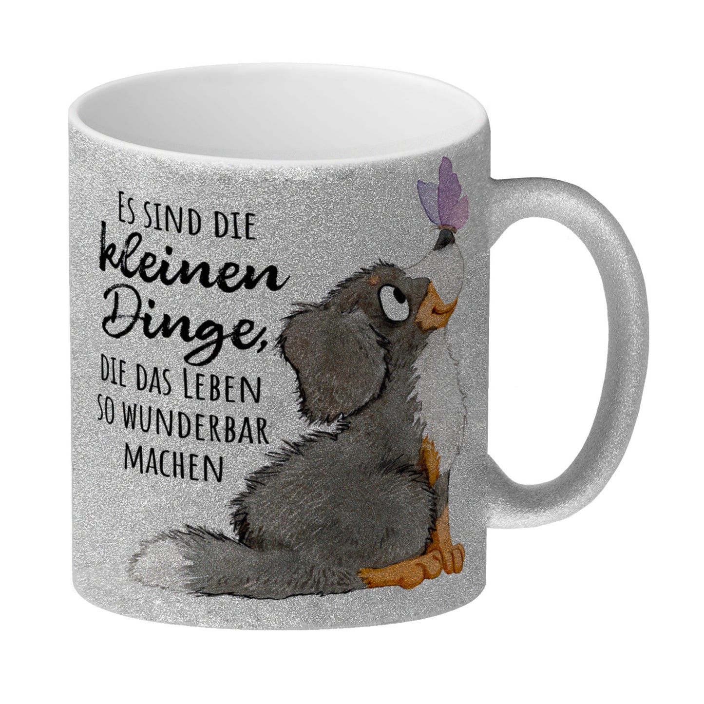 Hund Glitzer-Kaffeebecher mit Spruch Die kleinen Dinge machen das Leben so wunderbar