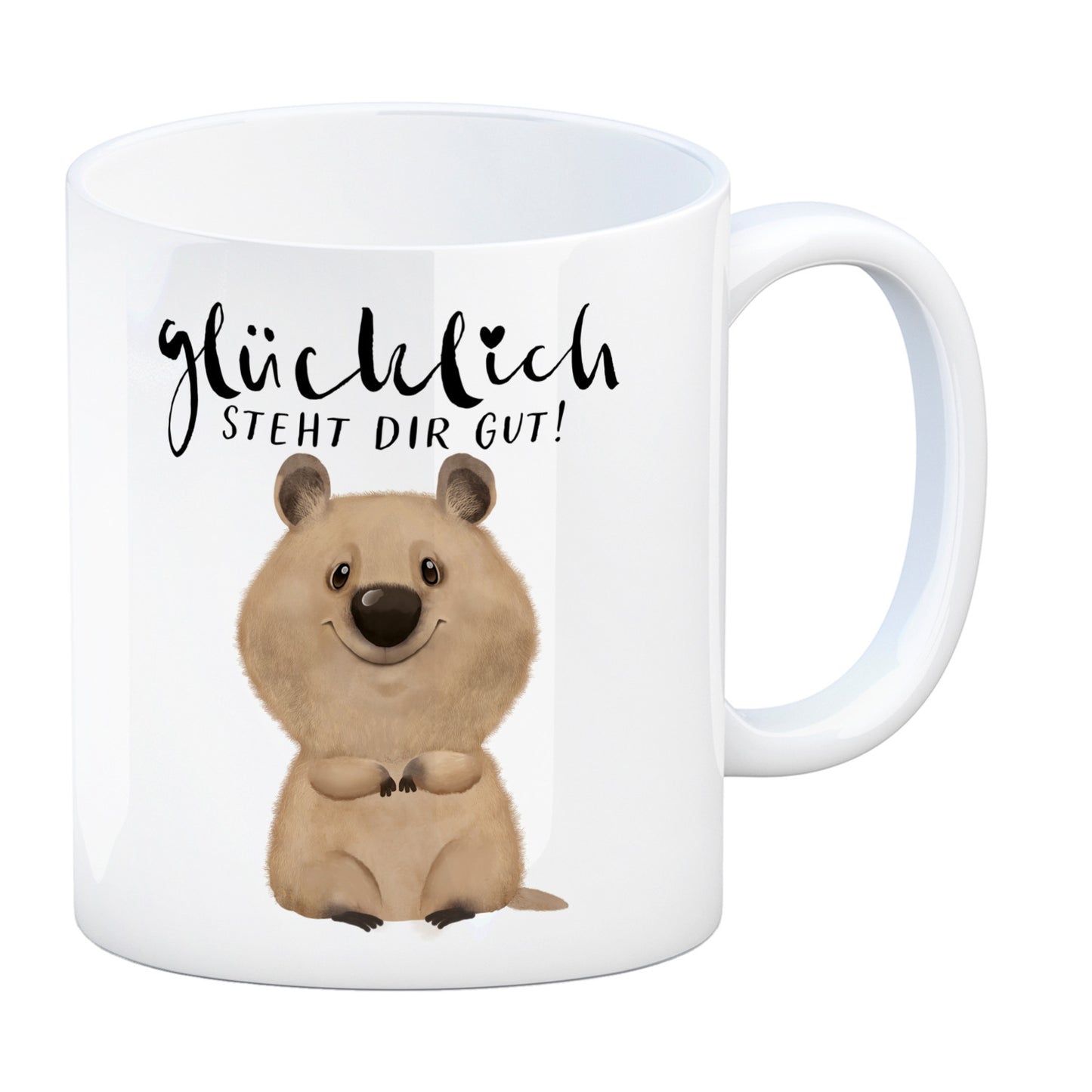 Quokka Kaffeebecher mit Spruch Glücklich steht dir gut