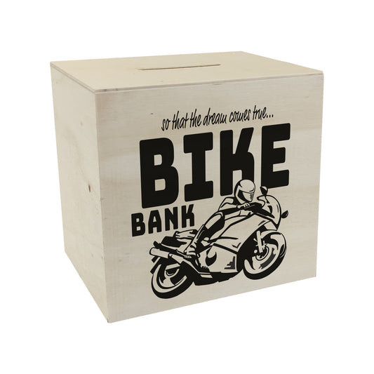 Bike Bank Spardose aus Holz in schwarz zum Thema Motorradkauf und Motorrad fahren