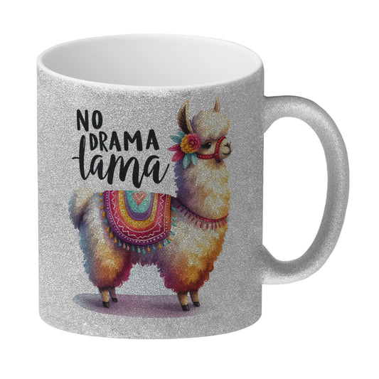 Alpaka mit bunter Satteldecke Glitzer-Kaffeebecher mit Spruch No Drama Lama