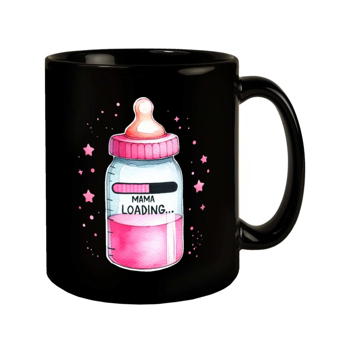 Werdende Mama Babyflasche Tasse in Schwarz mit Spruch Mama Loading