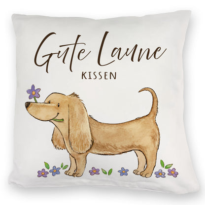 Dackel mit Blume Kuschelkissen mit Spruch Gute Laune Kuschelkissen