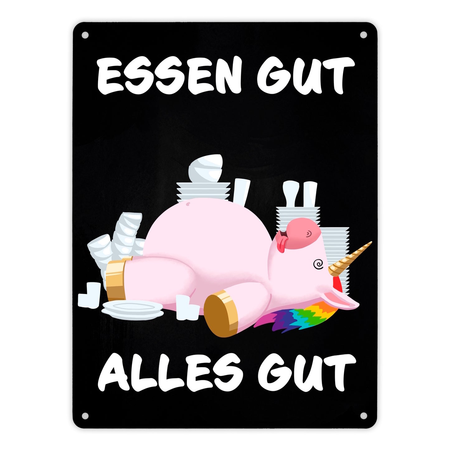 Essen gut alles gut witziges Metallschild XL in 21x28 cm mit dickem Einhorn